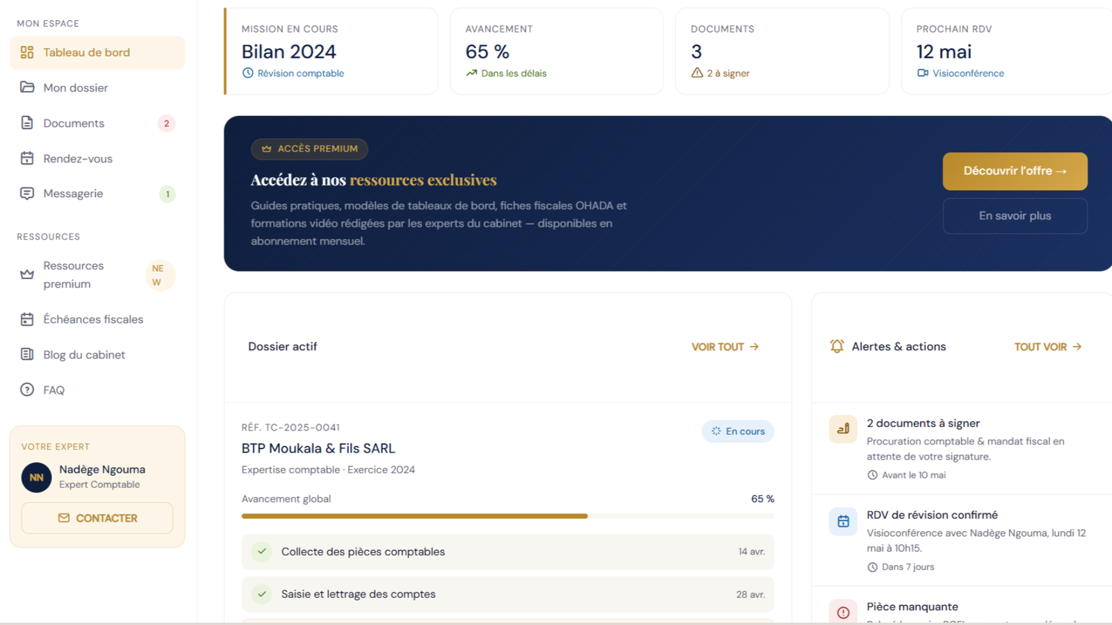 Espace membre client d'un site professionnel WordPress conçu par DevByStack, avec tableau de bord de suivi